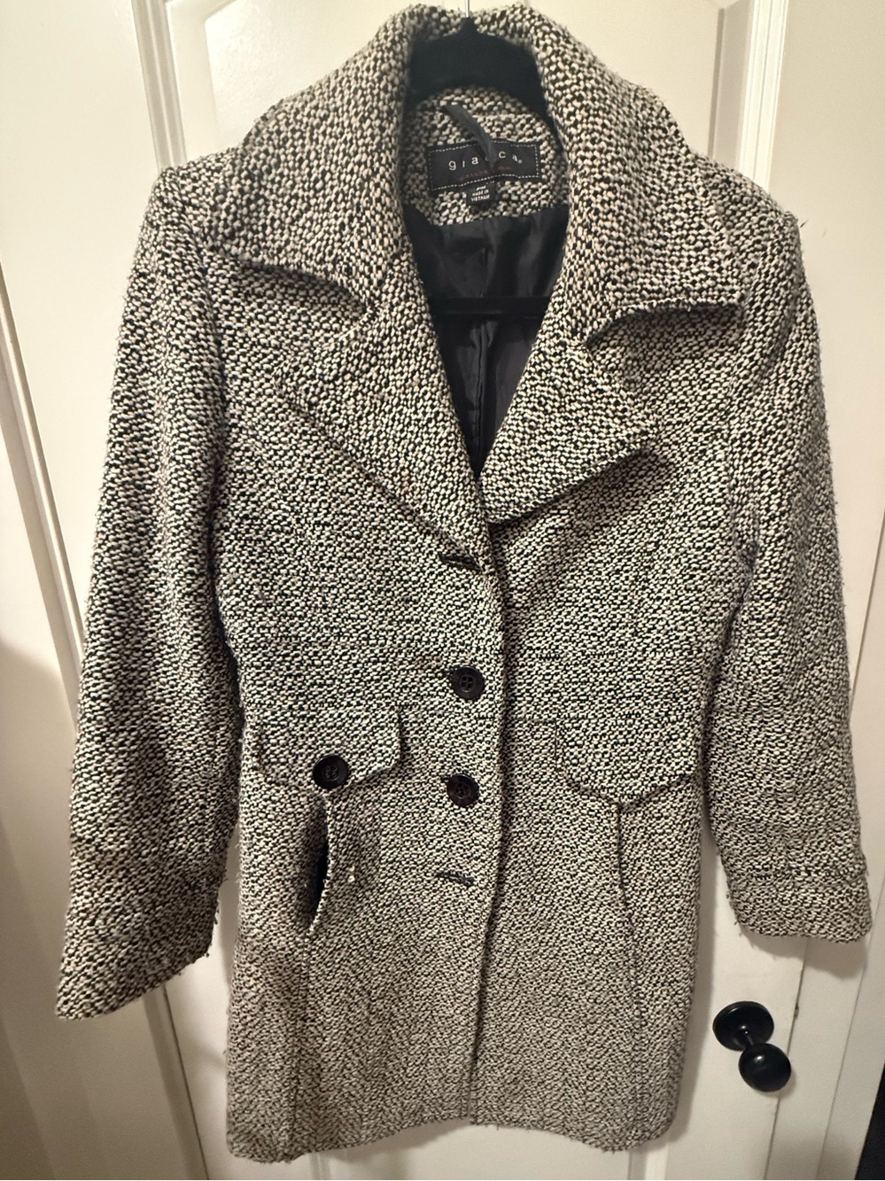 Gia Ca Tweed Double Breasted Coat Black Cream Petite M